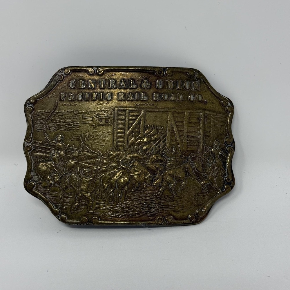 Vintage Central & Union Pacific Rail Road Co Brass Belt Buckle Omaha Nebraska